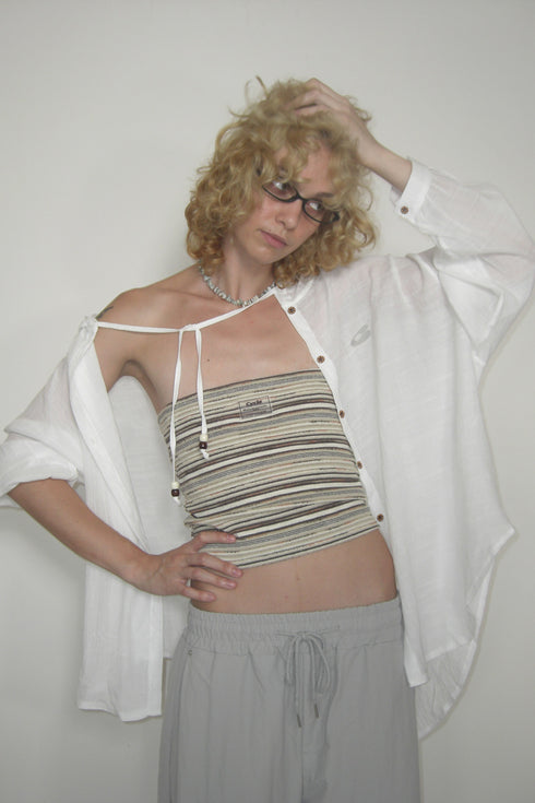 SUMMER KNIT BORDER TUBE TOP -BROWN MIX-